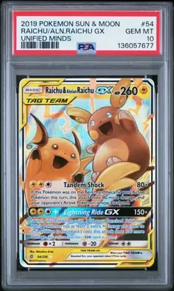 Pokemon Raichu & Alolan Raichu GX 2019 Sun & Moon Unified Minds #54 PSA 10 - Image 1