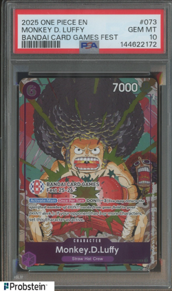 2025 One Piece EN Bandai Card Games Fest #073 Monkey D. Luffy PSA 10 - Image 1