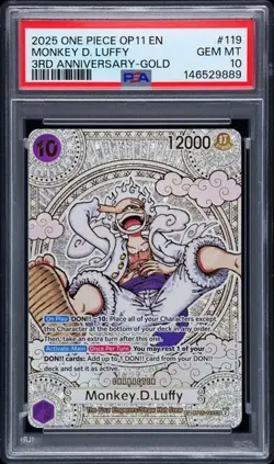 One Piece Monkey D. Luffy OP11-A Fist of Divine Speed #119 3rd Anniv-Gold PSA 10 - Image 1