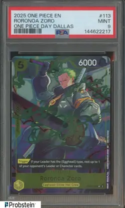 2025 One Piece EN Day Dallas #113 Roronoa Zoro PSA 9 MINT - Image 1