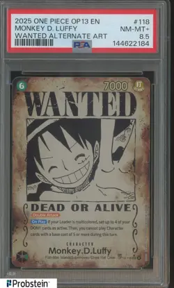 2025 One Piece OP13 EN Wanted Alternate Art #118 Monkey D. Luffy PSA 8.5 - Image 1