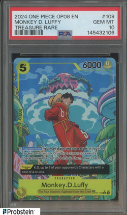 2024 One Piece OP08 EN Treasure Rare #109 Monkey D.Luffy PSA 10 GEM MINT - Image 1