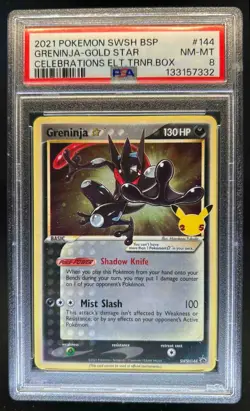 2021 Pokemon SWSH Black Star Promo Greninja Gold Star Celebrations #144 PSA 8 - Image 1