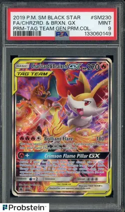 2019 Pokemon SM Black Star Tag Team #SM230 FA Charizard & Braixen GX PSA 9 - Image 1