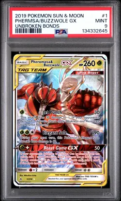 2019 POKEMON SUN & MOON UNBROKEN BONDS #1 PHEROMOSA & BUZZWOLE GX PSA 9 - Image 1