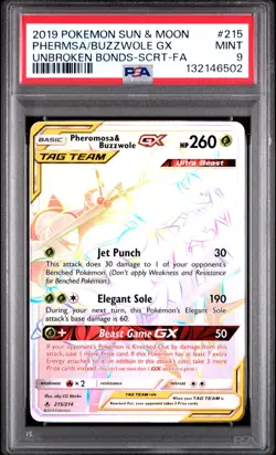 2019 POKEMON SUN & MOON UNBROKEN BONDS FULL ART/PHEROMOSA & BUZZWOLE GX PSA 9 - Image 1