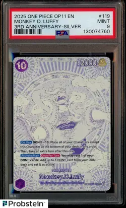 2025 ONE PIECE OP11 MONKEY D LUFFY 3RD ANNIVERSARY SILVER OP05-119 PSA 9 - Image 1