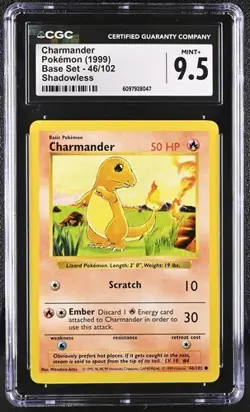 Charmander Shadowless CGC 9.5 MINT+ Pokemon (1999) Base Set #46/102 Common - Image 1