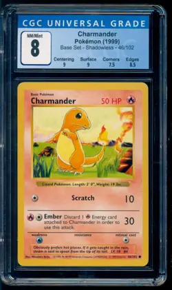 1999 Pokemon #46 Charmander Base Set Shadowless CGC 8 NM/Mint - Image 1