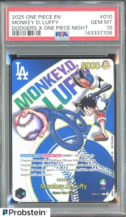 2025 One Piece EN Dodgers X One Piece Night #010 Monkey D. Luffy PSA 10 - Image 1