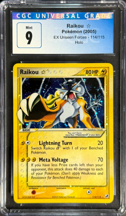 Pokemon Raikou Gold Star 2005 EX Unseen Forces 114/115 Holo CGC 9 - Image 1
