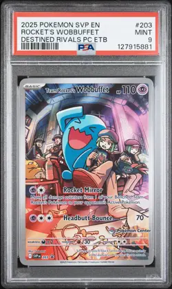 2025 POKEMON DESTINED RIVALS POKEMON CENTER ETB TEAM ROCKET'S WOBBUFFET PSA 9 - Image 1