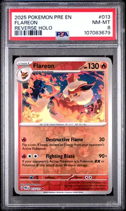 2025 POKEMON PRE EN-PRISMATIC EVOLUTIONS REVERSE HOLO #013 FLAREON PSA 8 - Image 1