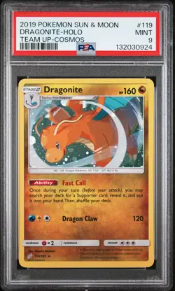 2019 POKEMON SUN & MOON TEAM UP COSMOS #119 DRAGONITE-HOLO PSA 9 - Image 1
