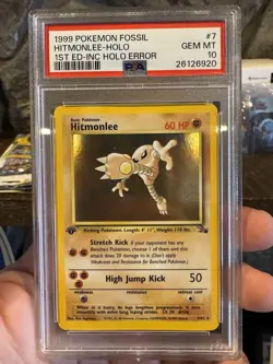 PSA 10 GEM MINT Hitmonlee 7/62 HOLO RARE 1st Edition FOSSIL INCOMPLETE HOLO EROR - Image 1