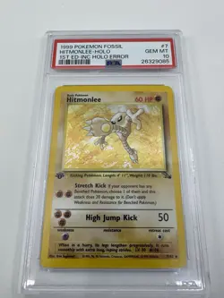 PSA 10 GEM MINT Hitmonlee 7/62 HOLO RARE 1st Edition FOSSIL INCOMPLETE HOLO EROR - Image 2