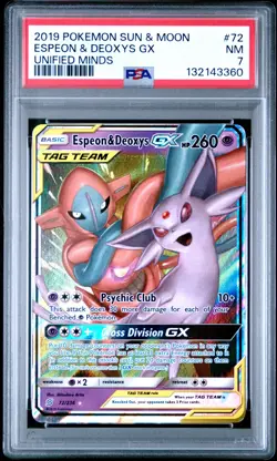 2019 Pokemon Sun & Moon Unified Minds #72 Espeon & Deoxys Gx PSA7 - Image 1