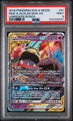 MUK & ALOLAN MUK GX #61 PSA 9 • 2019 POKEMON SUN & MOON UNBROKEN BONDS - Image 1