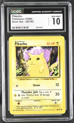 CGC 10 GEM MINT Pikachu 1999 Base Set 58/102 Pokemon Card - Image 1