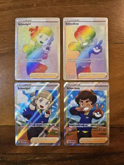 Pokemon Lot Of 4 Schoolboy And Schoolgirl Full Art Trainers Rainbow And Holo - Image 1