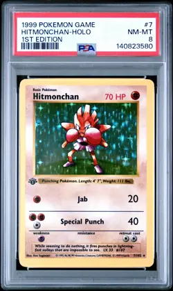 1999 POKEMON GAME 1ST ED #7 HITMONCHAN-HOLO PSA 8 - Image 1