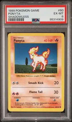 1999 Pokemon Game Base Set Ponyta #60 Shadowless PSA 6🔥NEWLY SLABBED!🔥 - Image 1