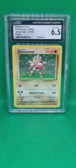 CGC 6.5 Hitmonchan 1999 Base Set 7/102 Holo Pokemon Card Wizards Of The Coast - Image 1