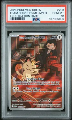 PSA 10 Pokemon TCG Team Rockets Meowth Card 203/182 Illustration Rare - Image 1