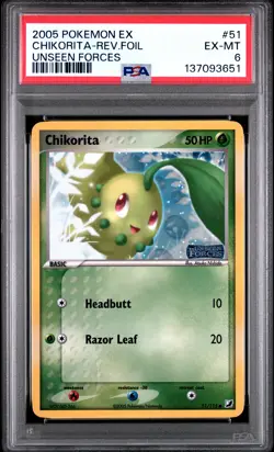 2005 POKEMON EX UNSEEN FORCES #51 CHIKORITA-REVERSE FOIL PSA 6 - Image 1