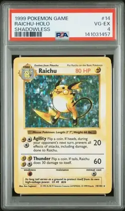 1999 POKEMON GAME #14 RAICHU-HOLO SHADOWLESS PSA 4 - Image 1