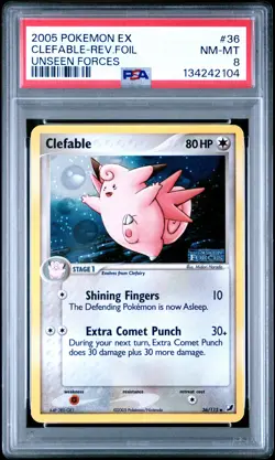 2005 POKEMON EX UNSEEN FORCES #36 CLEFABLE-REVERSE FOIL PSA 8 - Image 1