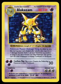 Alakazam 1/102 Holo Rare Base Set (Shadowless) Pokemon Card - Image 1