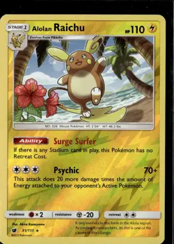 Pokemon Alolan Raichu 31/111 Crimson Invasion Reverse Holo Rare 2 Card Lot - Image 1