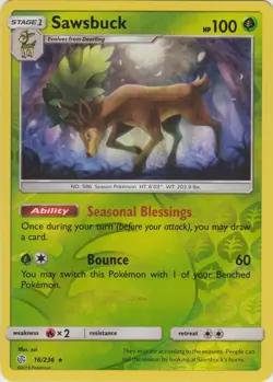 Sawsbuck 16/236 Reverse Holo Cosmic Eclipse Pokemon Card NM - Image 1