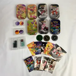 Pokemon TCG Mini Tins x7 + Stickers, Art Cards, Tokens & Dice (C2) CP#8709 - Image 1