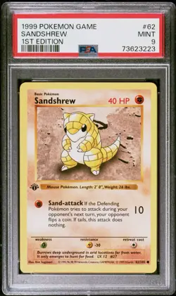 First Edition 1999 Pokemon Base Set 62/102 Sandshrew PSA Mint 9 - Image 1
