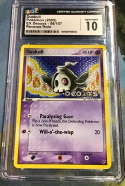 CGC 10 GEM MINT Duskull 2005 EX Deoxys 58/107 Reverse Holo Stamped Pokemon Card - Image 1