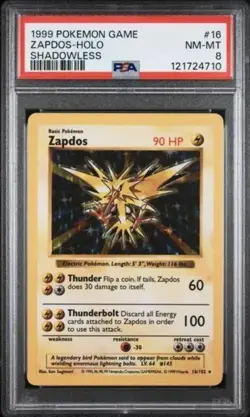 1999 POKEMON GAME SHADOWLESS #16 ZAPDOS-HOLO PSA 8 New Cert - Image 1