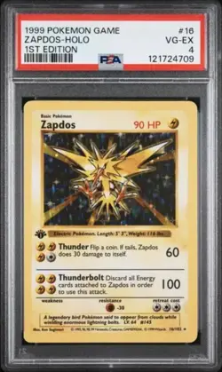 Pokemon Base Set Zapdos 16/102 1st Edition Shadowless Holo Rare PSA 4 New Cert - Image 1