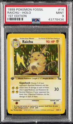 1999 POKEMON FOSSIL 1ST ED #14 RAICHU-HOLO PSA 9 - Image 1