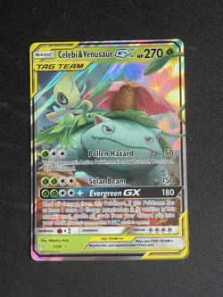 NM! Celebi & Venusaur GX (1/181) S&M Tag Team Team Up Ultra Rare Pokemon Card! - Image 1