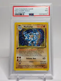 1999 POKEMON GAME 1ST ED #8 MACHAMP-HOLO PSA 7 - Image 1