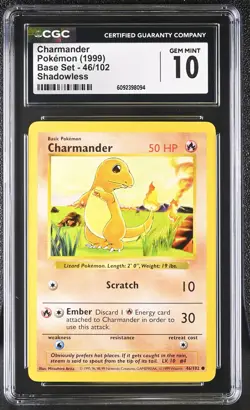CGC 10 GEM MINT Charmander 1999 Base Set 46/102 Shadowless Pokemon Card - Image 1