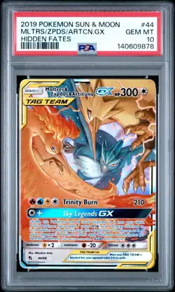 2019 POKEMON SUN & MOON HIDDEN FATES #44 MOLTRES & ZAPDOS & ARTICUNO GX PSA 10 - Image 1