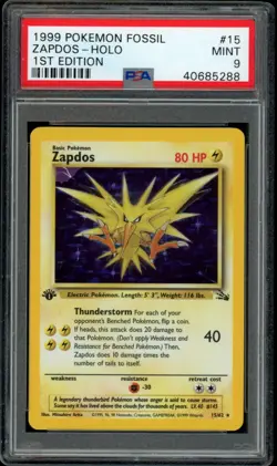 PSA 9 MINT Zapdos 15/62 1st Edition Fossil Holo Pokemon Card - Image 1