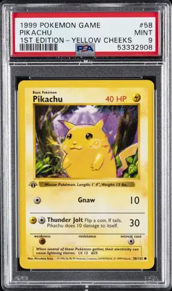 1999 POKEMON BASE SET 1ST EDITION-YELLOW CHEEKS #58 PIKACHU PSA 9 - Image 1
