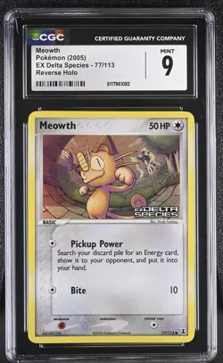 CGC 9 MINT Meowth 2005 EX Delta Species 77/113 Reverse Holo STAMPED Pokemon Card - Image 1