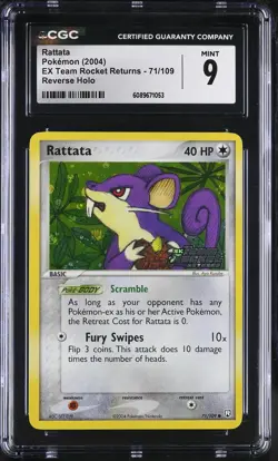 CGC 9 Rattata EX Team Rocket Returns 71/109 Reverse Holo Stamped Pokemon Card - Image 1