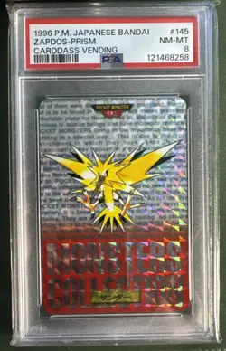1996 POKEMON JPN BANDAI CARDDASS VENDING #145 ZAPDOS-PRISM PSA 8 - Image 1