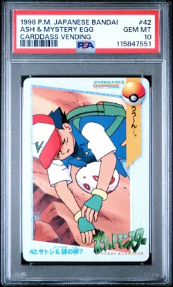 1998 POKEMON JPN BANDAI CARDDASS VENDING #42 ASH & MYSTERY EGG PSA 10 - Image 1